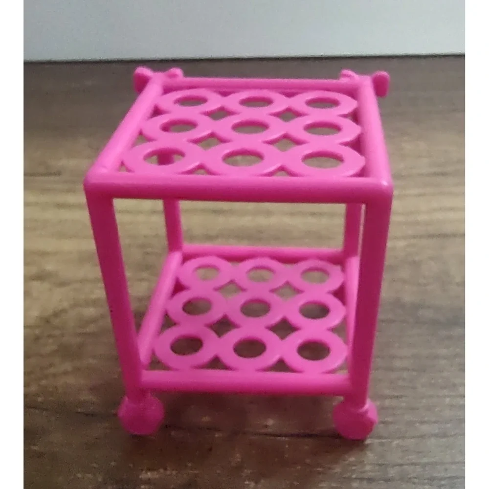 Fashion Doll House Furniture Bedside Side Table On Wheels Hop Pink Bow Detail